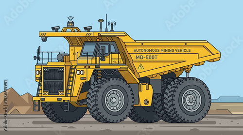 Yellow autonomous mining truck, industrial vehicle, futuristic technology