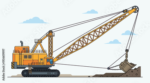 Yellow dragline excavator digging earth, construction machine, industrial equipment illustration