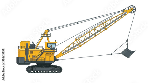 Yellow dragline excavator on white background, construction machinery, industrial equipment