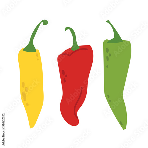 Red green yellow paprika isolated on white background. Chili pepper set. Vegetable for cooking and healthy eating.