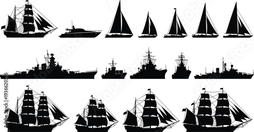Ship silhouettes collection featuring sailing vessels, yachts, naval warships, and historical tall ships for maritime vector illustration and design projects
