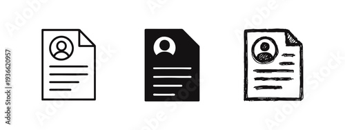Resume or CV document icon set in outline, solid, and hand-drawn doodle styles