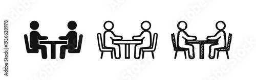 Two people sitting at a table icon set, representing meeting, discussion, interview, or conversation.