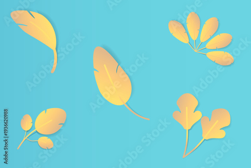 Minimalist feather leaves vector set with orange gradient on blue background. Simple decorative feather shapes in modern flat style. Abstract nature elements suitable for graphic design, branding, ico