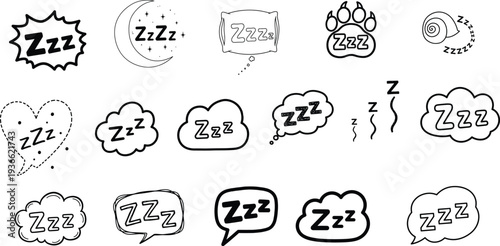 Sleep ZZZ Doodle Icon Set � Hand Drawn Black and White Vector Collection with Cloud Bubble, Moon, Pillow and Sleepy Symbol Designs