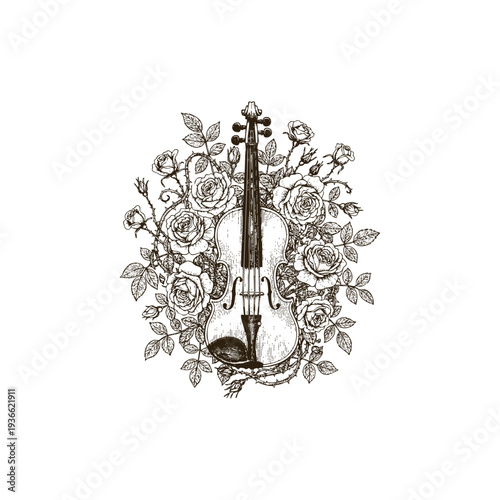 Vintage engraving style illustration of a classic violin or fiddle surrounded by blooming rose flowers and leaves