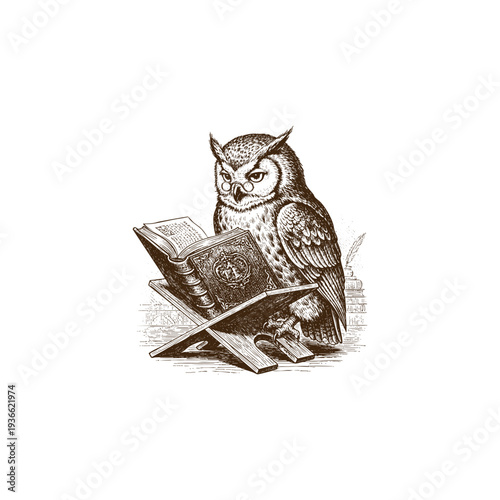 Vintage engraving style illustration of a wise owl wearing spectacles reading an ancient book on a wooden stand