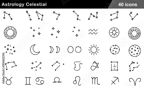 Astrology Celestial Thin Line Icons Set Zodiac Signs, Constellation Maps, Lunar Phases, Planetary Symbols and Mystical Archetypes for Spiritual Wellness