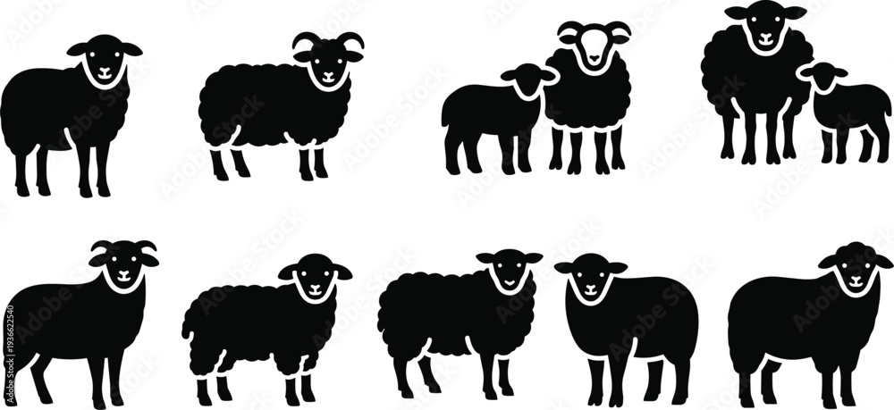 Fototapeta premium Black Sheep Silhouette Icon Set � Farm Animal Flock Graphic Bundle