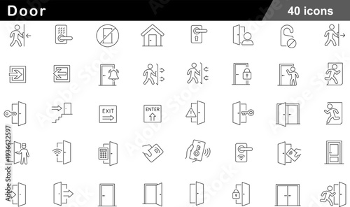Door Thin Line Icons Set Entry Exit Signs, Security Access, Architectural Thresholds, Privacy Controls and Wayfinding Symbols for Architecture and Safety