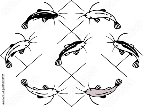A collection of stylized catfish illustrations arranged on a transparent background with a checkered pattern. The fish are depicted in various positions, including swimming, arching, and facing differ
