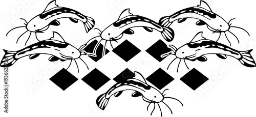 A collection of stylized catfish illustrations arranged on a transparent background with a checkered pattern. The fish are depicted in various positions, including swimming, arching, and facing differ