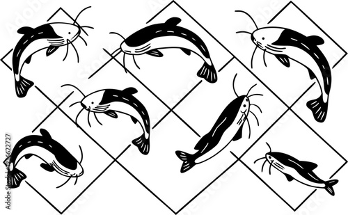 A collection of stylized catfish illustrations arranged on a transparent background with a checkered pattern. The fish are depicted in various positions, including swimming, arching, and facing differ