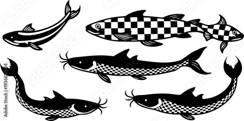 A collection of stylized catfish illustrations arranged on a transparent background with a checkered pattern. The fish are depicted in various positions, including swimming, arching, and facing differ
