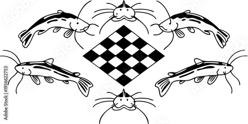 A collection of stylized catfish illustrations arranged on a transparent background with a checkered pattern. The fish are depicted in various positions, including swimming, arching, and facing differ