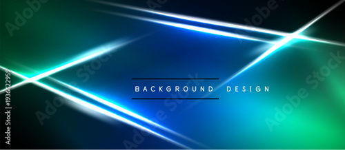 Dark background features bright neon lines, creating abstract geometric shapes. Vivid blue, green gradients dominate visual space.