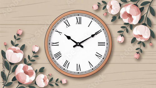 Analog clock with roman numerals surrounded by pink flowers on a wooden background