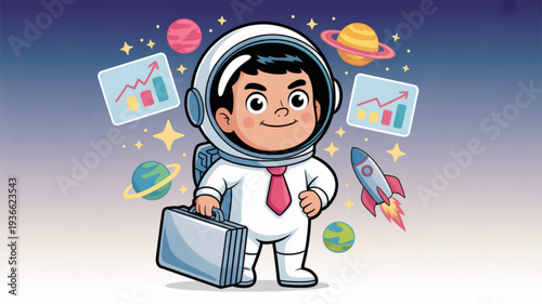 Astronaut boy in white spacesuit holding briefcase with planets stars and graphs in space