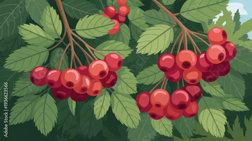 Vibrant clusters of red rowan berries hang from green leafy branches against a natural background