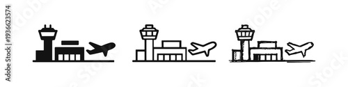 Airport Terminal and Airplane Icon Set in Solid, Outline, and Hand-Drawn Sketch Styles