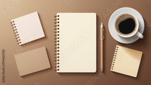 Coffee and notebooks on a desk with pen and blank pages for writing and planning