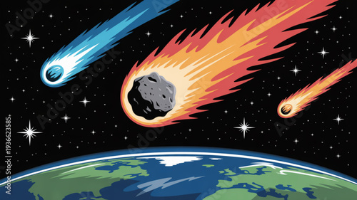 Meteorites and asteroids hurtling through space towards earth with flames and sparks depicting a cosmic collision threat in a starry night sky