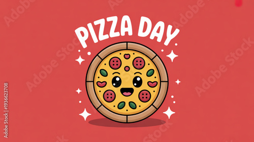 Cartoon pizza character celebrating pizza day with happy expression and colorful toppings on red background