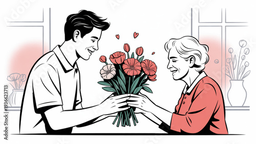 Young man giving bouquet of red and pink flowers to smiling elderly woman in cozy home setting with soft lighting