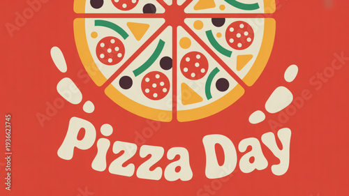 Pizza day celebration with sliced pizza illustration on red background toppings and cheese food concept design