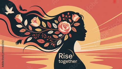 Woman silhouette with floral hair and birds at sunset symbolizing growth and unity with 'rise together' text