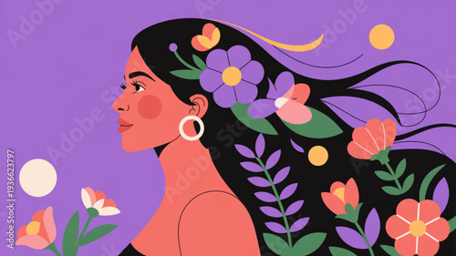 Woman with flowing hair adorned with colorful flowers against purple background serene atmosphere elegant illustration style