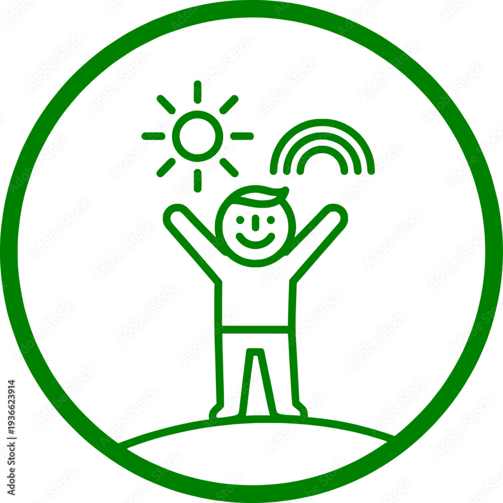 Obraz premium Green line art vector illustration of a happy child with arms raised under the sun and a rainbow. Minimalist circular emblem representing eco-friendly concepts, joy, and nature.