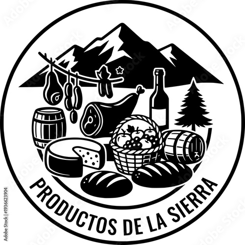 Black and white circular emblem for "Productos de la Sierra" featuring traditional mountain products. Detailed vector illustration with mountains, cured meats, cheese, bread, wine, and a basket of app