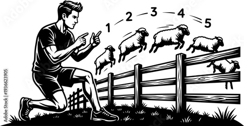 Black and white vector illustration of a man counting sheep jumping over a fence. Creative concept for insomnia, sleep disorders, dreaming, and mental relaxation techniques.