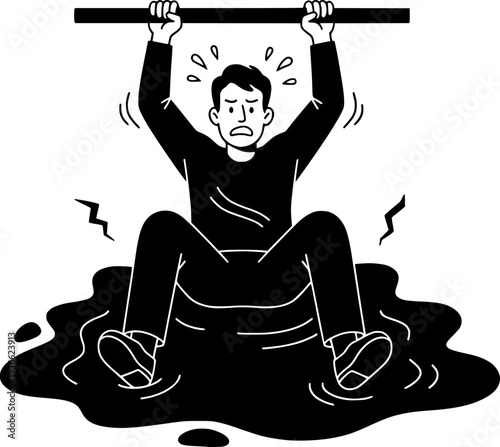Black and white vector illustration of a man hanging from a bar with a worried expression, sweating over a puddle. Concept of physical exhaustion, stress, or pushing personal limits.