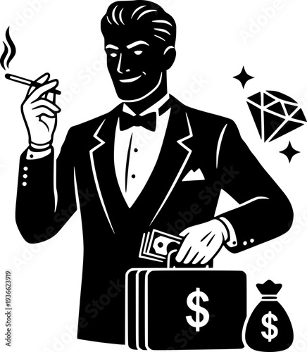 Retro black and white illustration of a wealthy man in a tuxedo smoking a cigarette and holding a briefcase full of money. Concept of wealth, luxury, success, and high-class lifestyle.