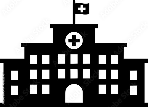 Minimalist black and white vector silhouette of a hospital building. Featuring medical cross symbols and a flag, this icon represents healthcare services, clinics, and emergency facilities