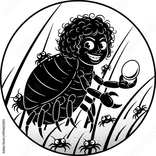 Cartoon illustration of a head louse with curly hair holding an egg. Black and white circular emblem showing lice infestation on hair strands, ideal for health and hygiene educational content.