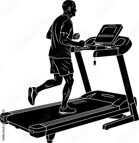 Black and white vector illustration of a man running on a treadmill. Minimalist silhouette design representing cardio workout, indoor fitness, gym training, and healthy lifestyle.