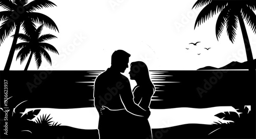 Romantic black and white silhouette of a couple embracing on a tropical beach at sunset with palm trees and ocean waves. Serene vector illustration for travel and love concepts.