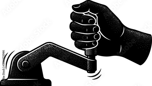 Close-up of a hand pulling a mechanical lever or crank. Black and white vector illustration with a textured grain style, representing manual control, engineering, and industrial machinery.