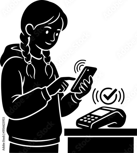 Young woman making a contactless mobile payment with smartphone at a credit card terminal. Black and white vector illustration of modern digital banking.