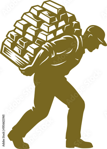 Vector silhouette of a man carrying a heavy stack of gold bars on his back. Concept for wealth, financial burden, investment, banking, and the weight of success.
