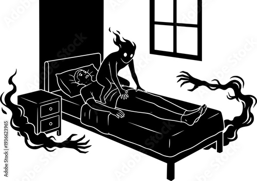 Black and white vector illustration of a person experiencing sleep paralysis. A dark shadow figure sits on their chest in a bedroom, representing nightmares and anxiety.
