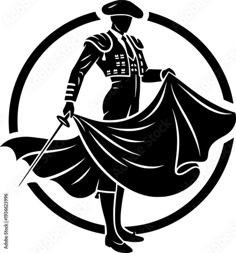 Vector silhouette of a Spanish bullfighter (matador) with a red cape and sword in a circular frame. Concept of Spanish culture, tradition, and art.