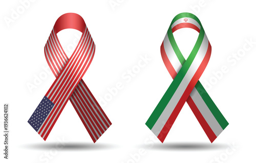 USA and Iran awareness ribbon set with national flag colors