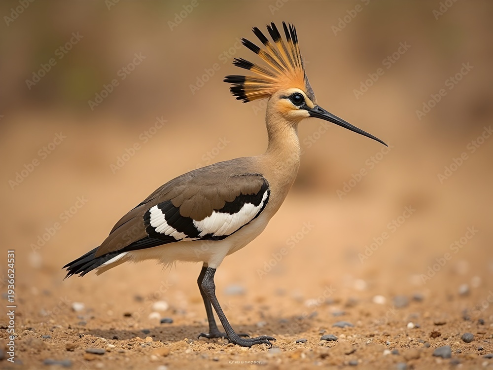Fototapeta premium Magnificent hoopoe bird with its distinctive fan-shaped crest and long, slender beak stands gracefully on the sandy ground, showcasing its unique plumage in a natural habitat.