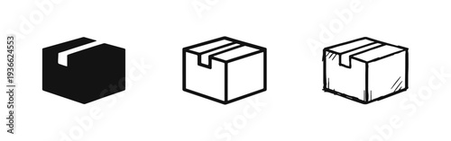 Package icon set in three styles: solid, outline, and hand-drawn. Shipping box or parcel symbol.