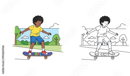 Cute young boy skateboarding in the park, colorful cartoon illustration and black and white line art coloring page vector design