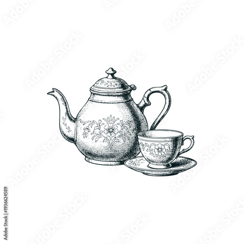 Vintage hand drawn engraving illustration of an ornate teapot and teacup with floral patterns isolated